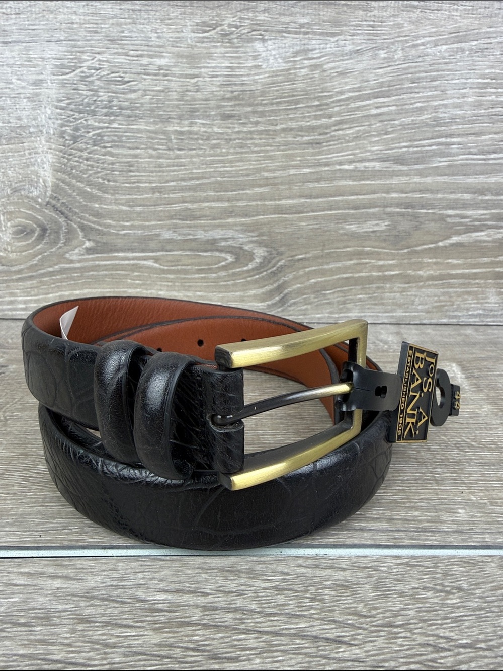 Jos.A. Bank 7320 Mens Sz 44 Black Croc Embossed Leather Dress Belt Brass Buckle